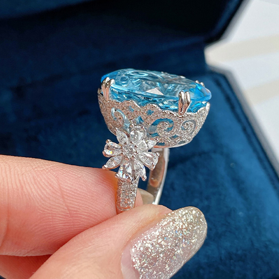 New 15mm Oval Ocean Blue Topaz Gemstone Luxury Women Girl