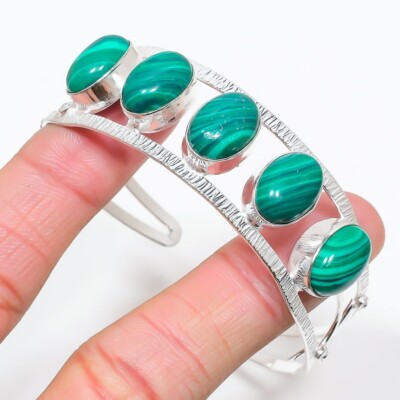 Green Malachite Gemstone 925 Sterling Silver Jewelry Cuff Bracelet Adjustable