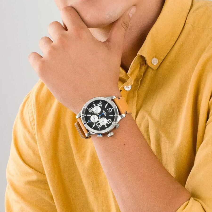 Pre-owned Nixon Men's 48-20 Chronograph Black Dial Tan Leather Men's Watch A363 1602