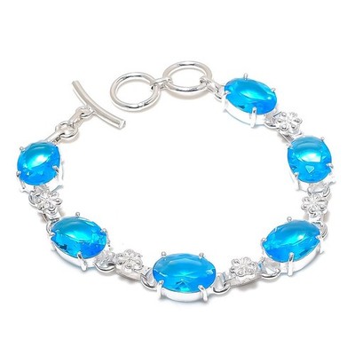 Faceted London Blue Topaz Gemstone 925 Sterling Silver Jewelry Bracelet 8" N384
