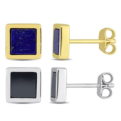 Amour Men's 2-Piece Set 2ct TGW Lapis and Hematite Square Stud Earrings in
