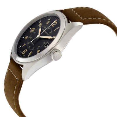 Pre-owned Hamilton Khaki Black Dial Tan Suede Men's Watch H68551833
