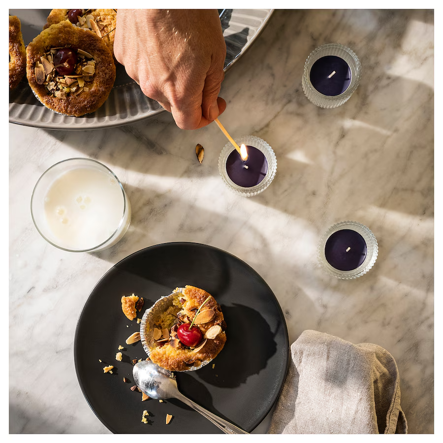 Pack of 30 IKEA Candle Scented tealight, almond & cherry/dark blue, 3.5 hr New