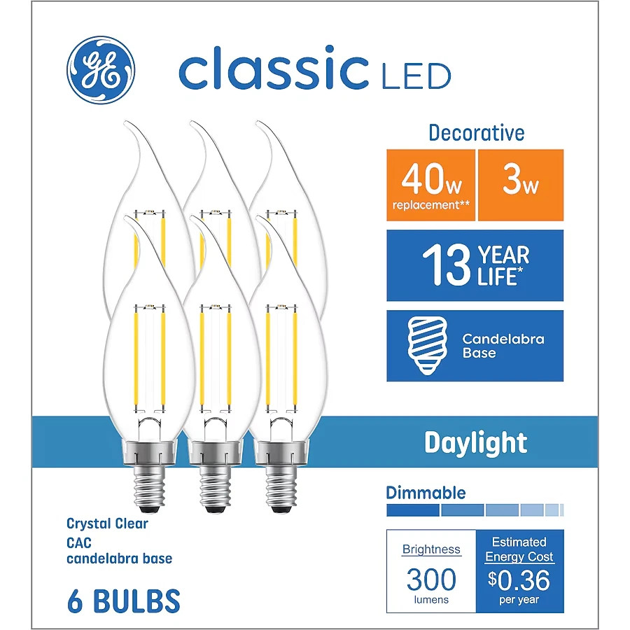 GE Classic LED HD Light Bulbs - 40w - Daylight - Crystal Clear - CAC - 6 Pack