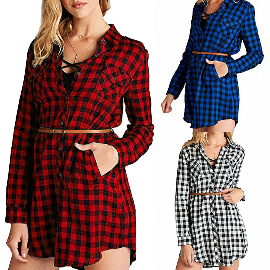 スカート Y's FLANNEL DRESS WITH DIAGONAL BUTTONS YYW Women's Plaid Shirt Dress Long Sleeve Gingham Dresses
