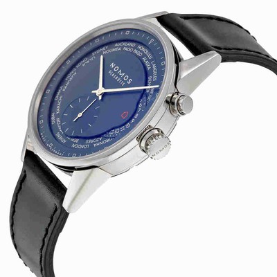 Pre-owned Nomos Zurich Weltzeit Nachtblau Blue Dial Black Leather Men's Watch 807