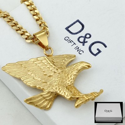DG Men's 24'' Stainless Steel,EAGLE Pendant,Cuban Curb Necklace Gold plated BOX
