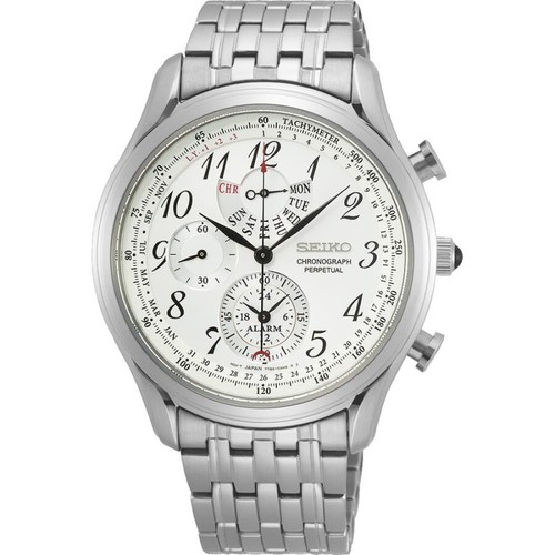 Pre-owned Seiko Chronograph Perpetual Spc251p1 Quartz Watch White Tachymeter Alarm Steel