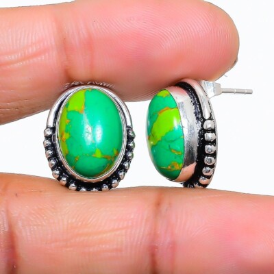 Green Turquoise Gemstone 925 Sterling Silver Jewelry Stud Earring Sz 0.75''