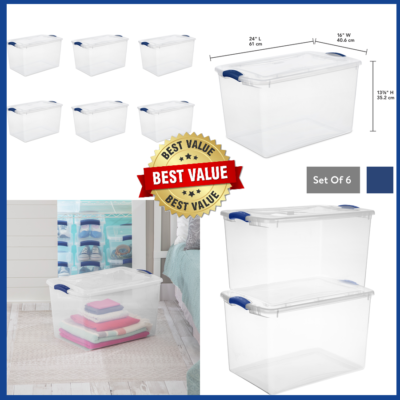 Sterilite 66-Qt Storage Latch Box with Lid Clear 6-Pack Tote Container Bin,  Blu | eBay