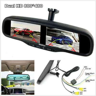 4.3'' LCD Dual Screen 4CH HD Rear View Mirror Anti-glare Digital Monitor +Bracket