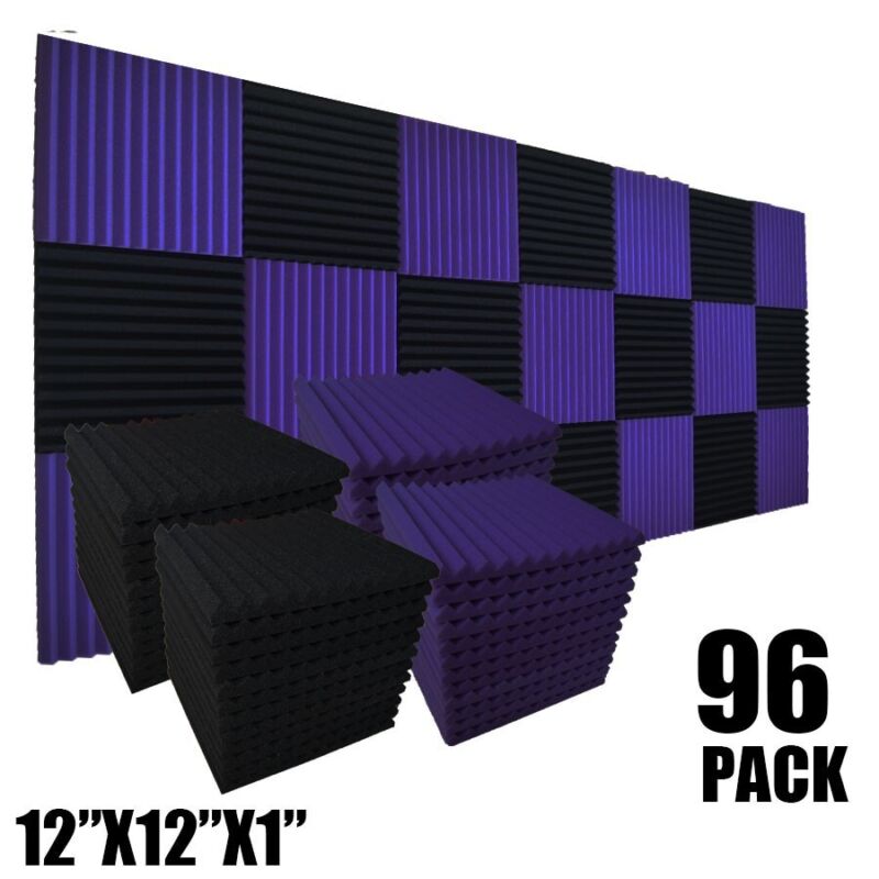 96 PACK 12"X12"X1" Acoustic Foam Panel Wedge Studio Wall Tiles Black Purple