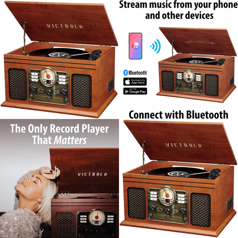 6 en 1 Reproductor De Discos De Vinilo Bluetooth Estilo 3 Velocidades USB CD