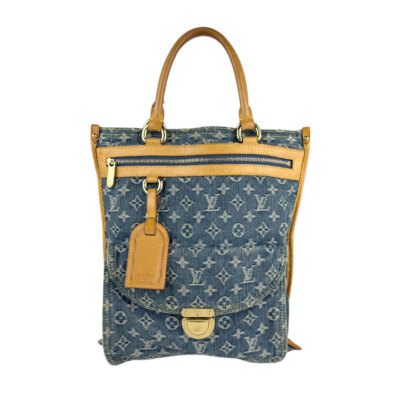 【SALE】 ルイヴィトン Auth LOUIS VUITTON Monogram Denim Flat Shopper Handbag Blue