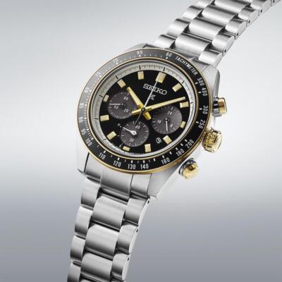 Pre-owned Seiko Prospex Men Watch Japan Sbdl113 Speedtimer Black X Gold Solar Chronograph In Silver
