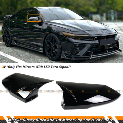 FOR 21-24 ELANTRA M STYLE GLOSS BLACK SIDE MIRROR COVER CAP OVERLAY W/ LED LIGHT