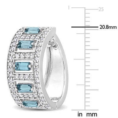 Pre-owned Amour 3 1/3ct Tgw Baguette London Blue Topaz And White Topaz Huggie Hoop
