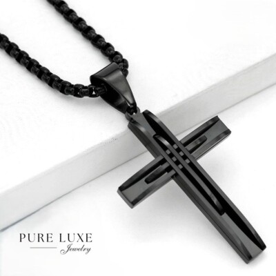 Men's 24'' Black.Stainless-Steel.Box Chain,CROSS 75mm Pendant Ion Plated BOX