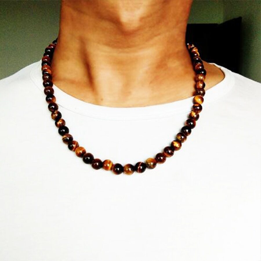 6/8mm Tiger Eye Stone Beaded Necklace Men Meditation Yoga Natural Stone Necklace