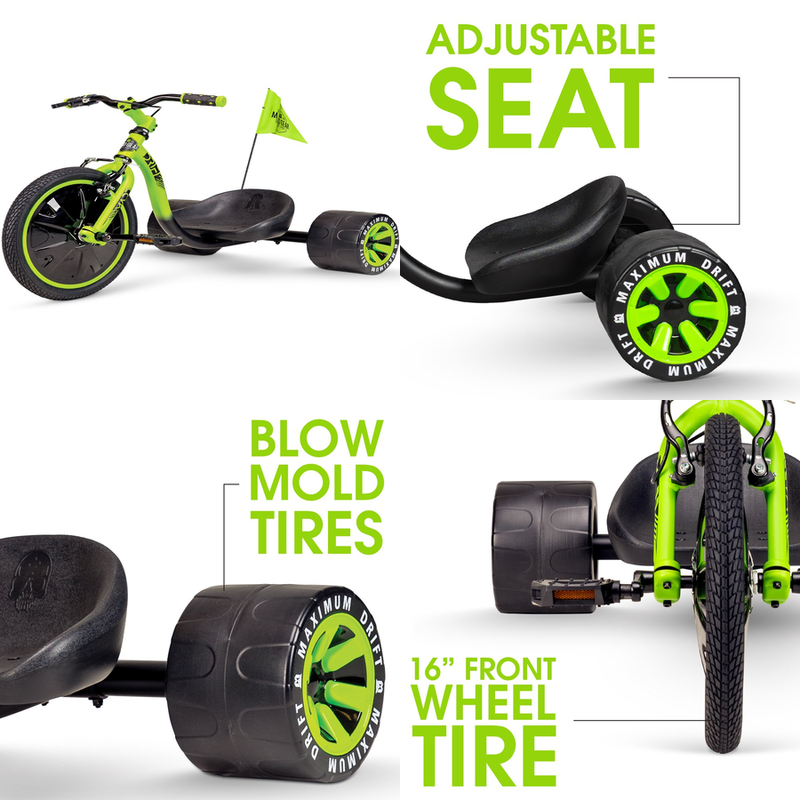 Go Drift Trike Tricycle Adjustable Seat Black Green Machine for 5 Yrs + New