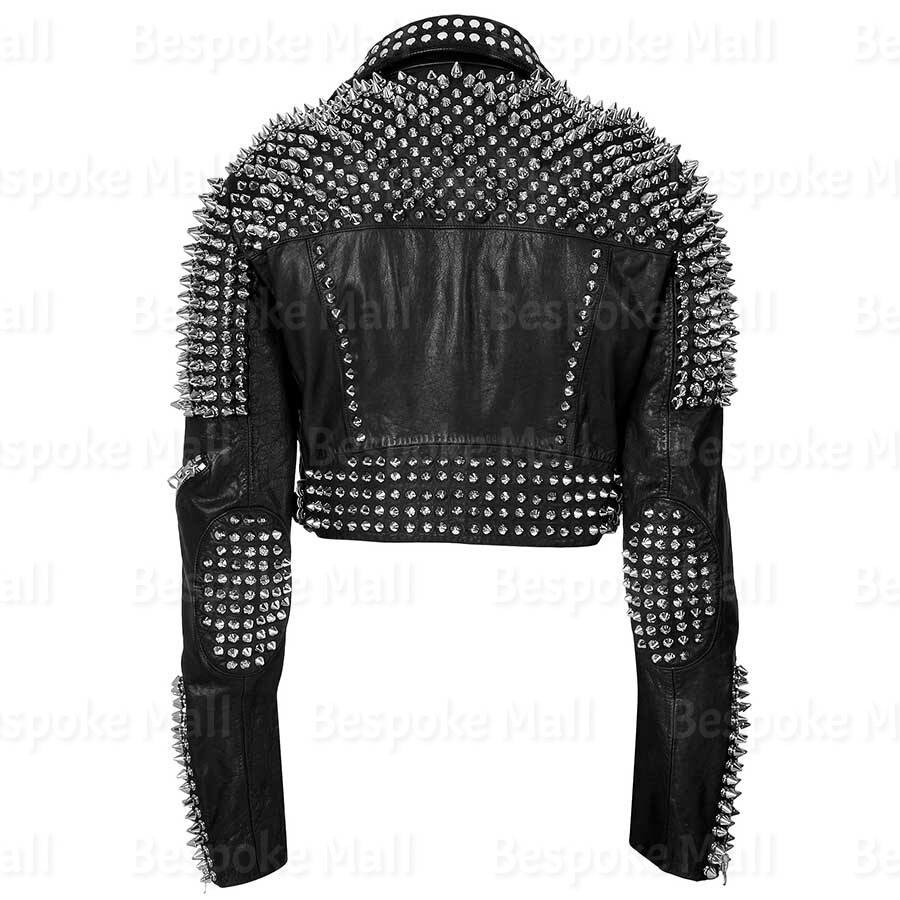 Pre-owned Handmade Womens Punk Silver Metallic Spiked Studded Brando Classic Leather Jacket-853