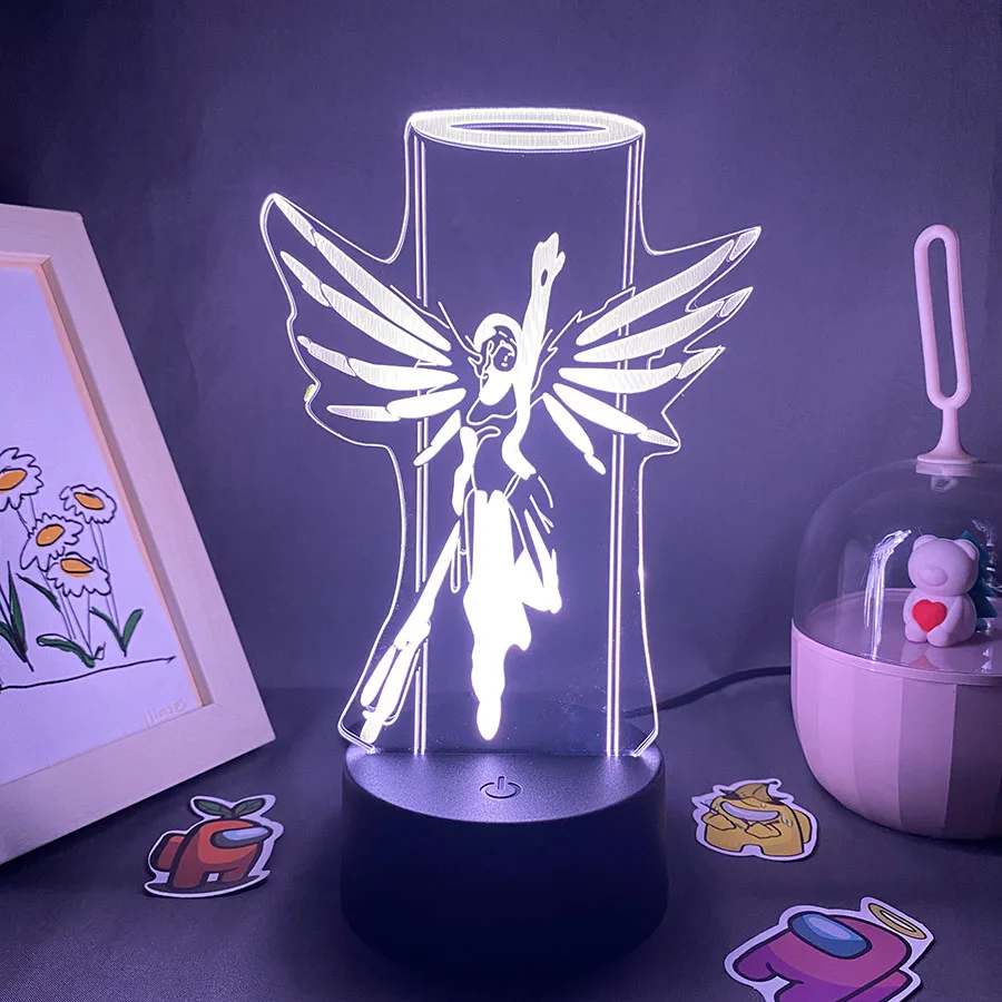 Overwatches OW Game Figure Mercy 3D Led Neon Night Lights Birthday Gift for Frie