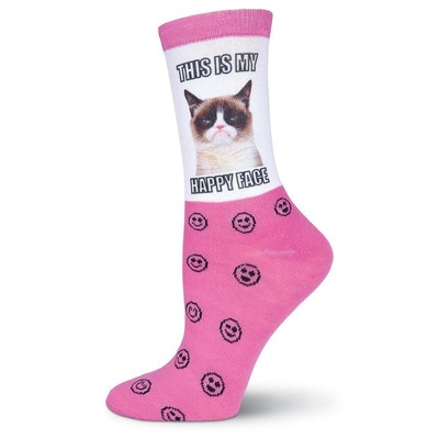 Happy Face K Bell Trouser Crew Sock Pink New Women Size 9-11 Grumpy Cat Fashion