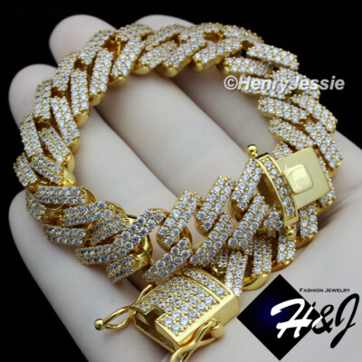 7.5''MEN 14K GOLD PLATED ICY BLING CZ 14MM MIAMI CUBAN CURB LINK BRACELET*BB6