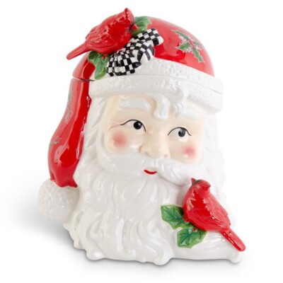 K & K Interiors - Dolomite Santa Head Lidded Container w/Holly Decals - 54385A