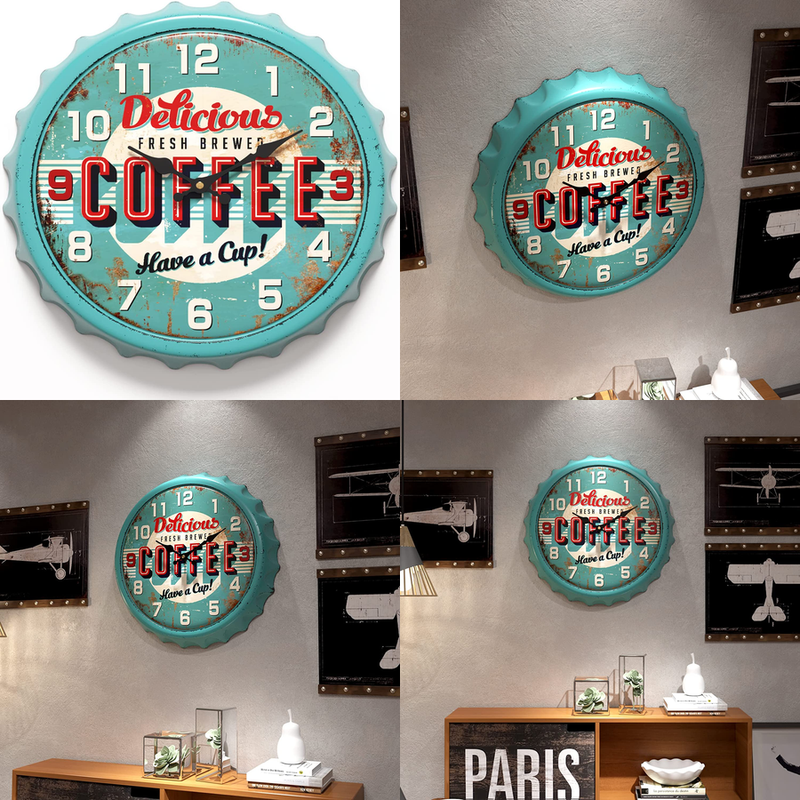 Bottle Cap Design Iron Retro Wall Clock, 13 Inch Vintage Craftsmanship Style, Si