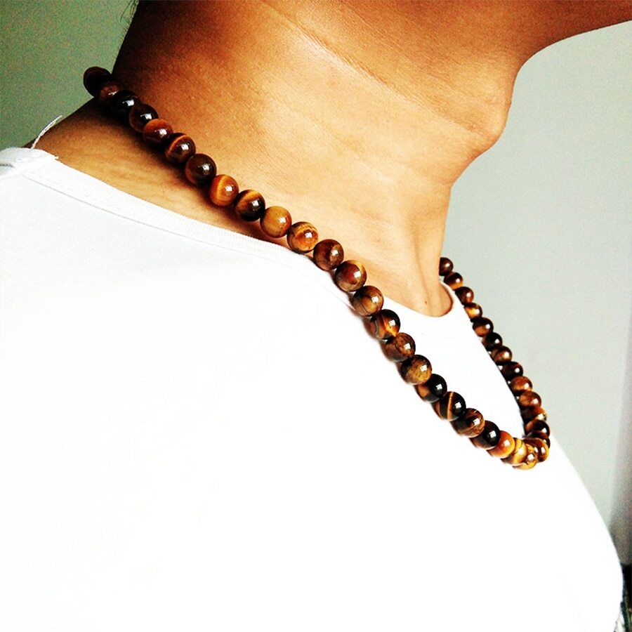 6/8mm Tiger Eye Stone Beaded Necklace Men Meditation Yoga Natural Stone Necklace