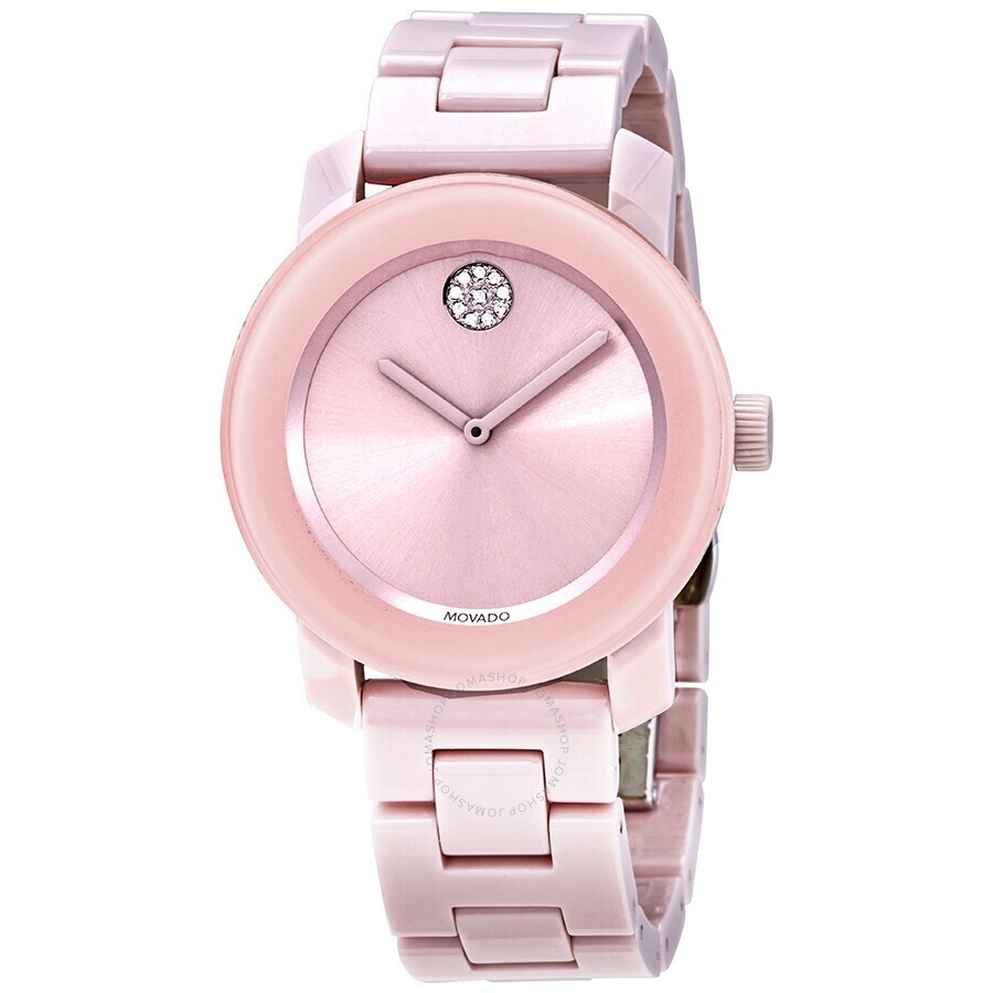 Pre-owned Movado Bold 3600536 Pink Crystal Sunburst Dial Ceramic Bracelet Womens Watch