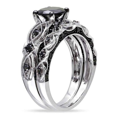 Pre-owned Amour 1 3/8 Ct Tw Black Diamond Bridal Set In 10k White Gold With Black Rhodium