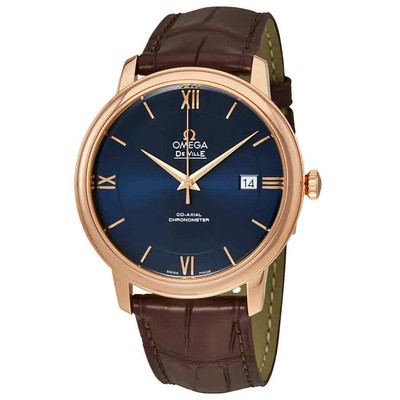 Мужские кожаные часы Omega De Ville Prestige с синим циферблатом и автоматическим управлением