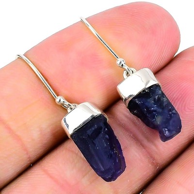 February Birth Natural Amethyst Rough Hook Dangle Earrings 925 Sterling Silver
