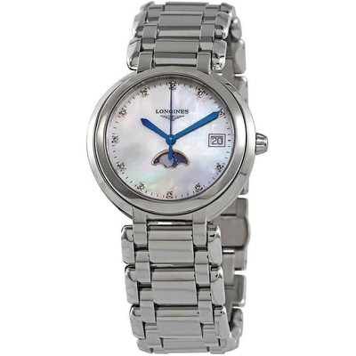 Женские часы Longines PrimaLuna Moonphase MOP с бриллиантовым циферблатом L8.116.4.87.6