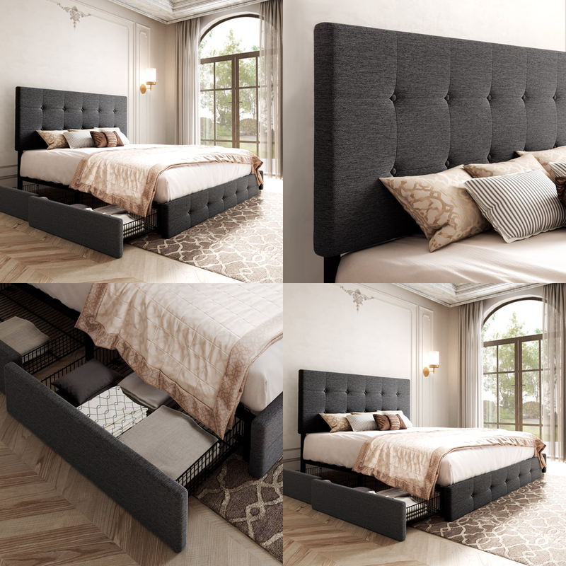 Button Tufted Headboard 4 Storage Drawers Queen