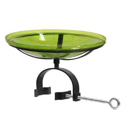 ACHLA 14'' Crackle Glass Birdbath/Over Rail Bracket, Green/Black - CGB-14FG-OR2