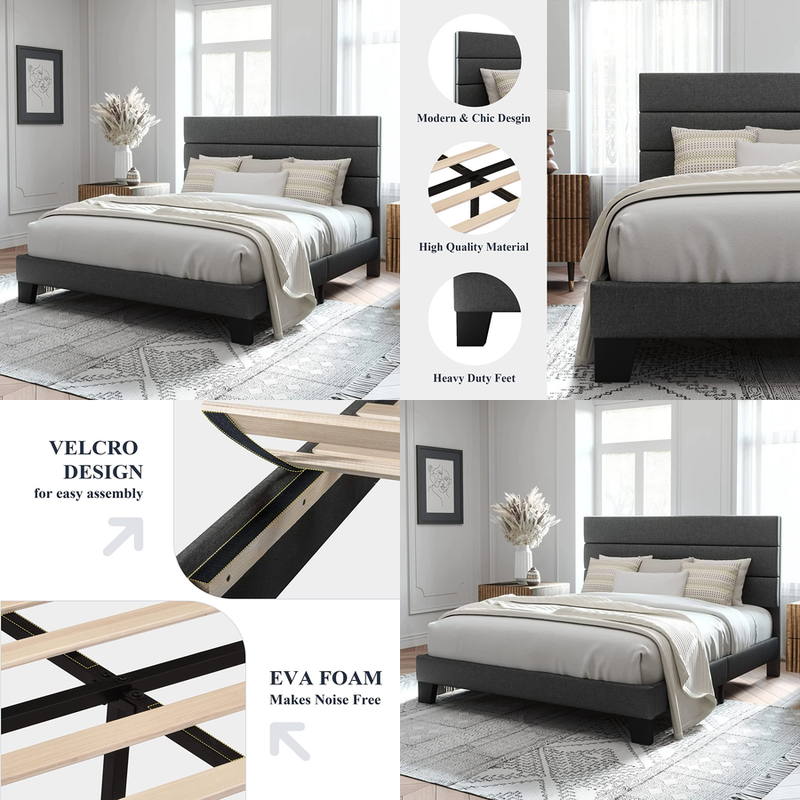 Upholstered Fabric Headboard Queen Metal Heavy Duty Support