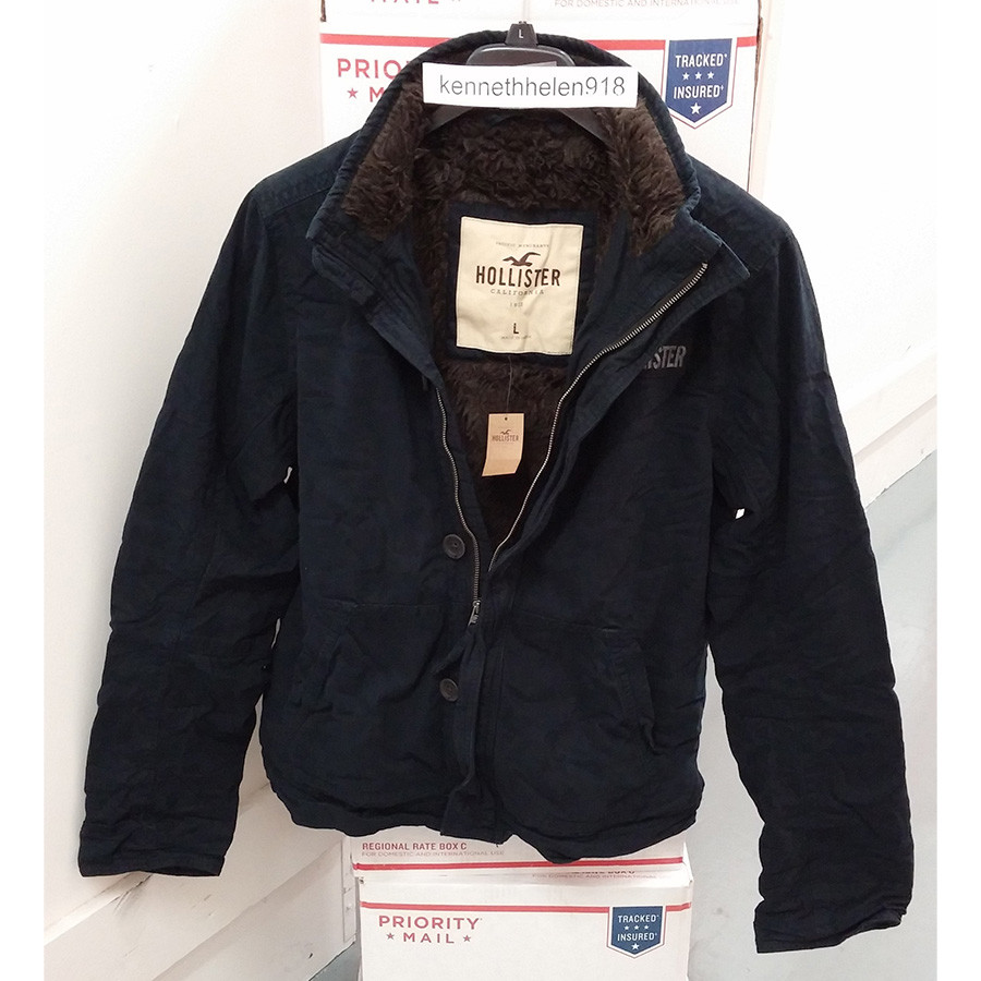 HOLLISTER OLD TOWN FUR JACKET COAT NAVY BLUE MENS SIZE LARGE