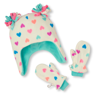 

THE CHILDRENS PLACE GIRL 2PC СЕРДЕЧКИ ПОМПОМ ШАПКА НА МИКРОФЛИСОВОЙ ПОДКЛАДКЕ ВАРЕЖКИ L4T-5T, Off-white multi-color