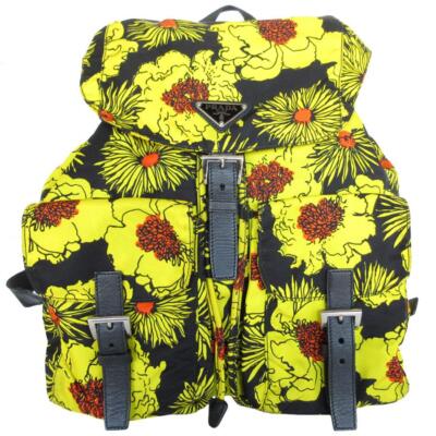 PRADA Bag Flower Pattern Backpack Nylon Black Yellow
