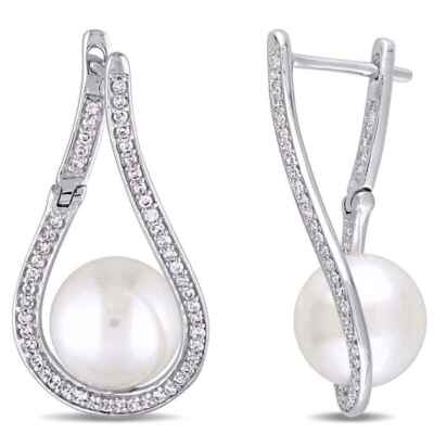 Pre-owned Amour 9 - 9.5 Mm Cultured Freshwater Pearl And 1/3 Ct Tw Diamond Tear Drop In White