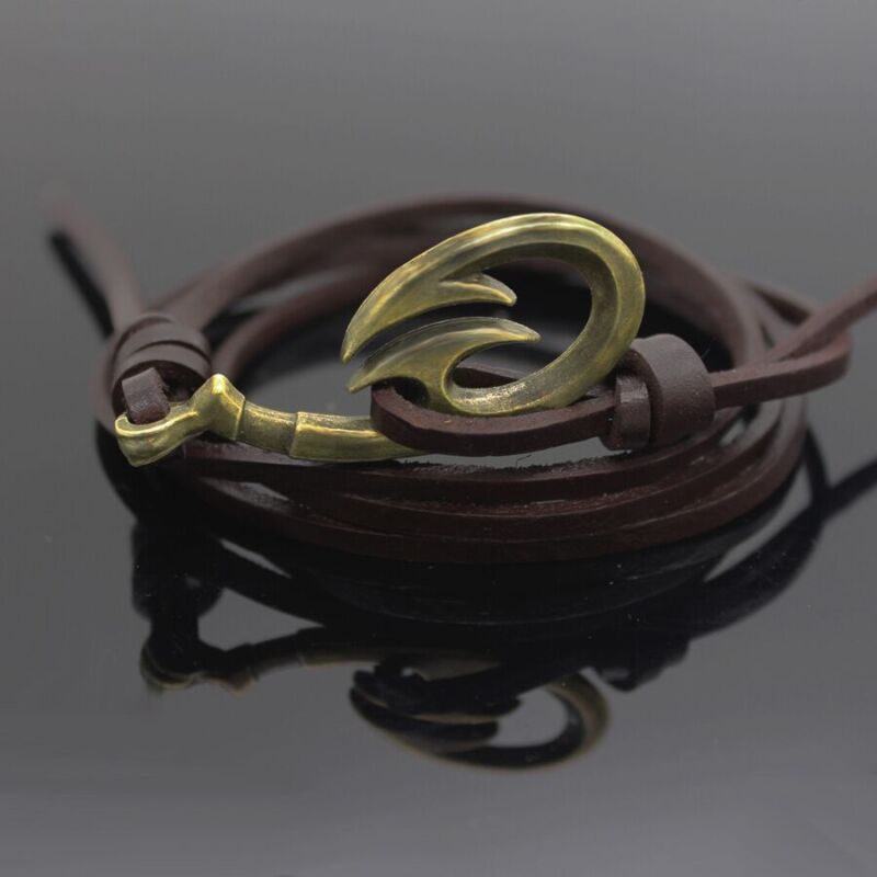 Genuine Leather Wrap Rope Cord Fish Hook Half Cuff Mens Womens Bracelet #br360
