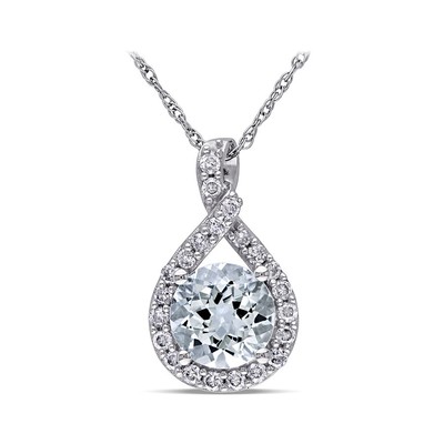 Pre-owned Amour Aquamarine And 1/5 Ct Tw Diamond Teardrop Pendant With Chain In 10k White
