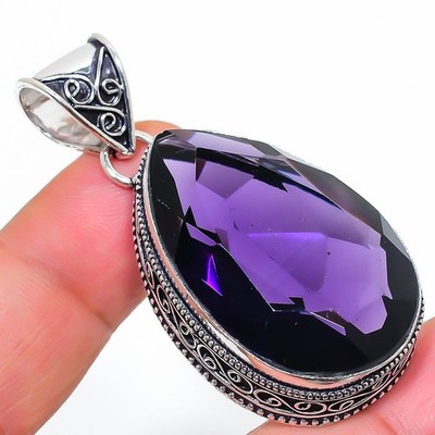 African Amethyst Pear Shape Gemstone Vintage Pendant Handmade Gift Jewelry 2.3"