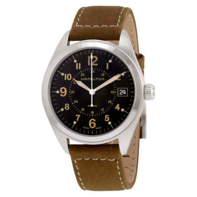Pre-owned Hamilton Khaki Black Dial Tan Suede Men's Watch H68551833