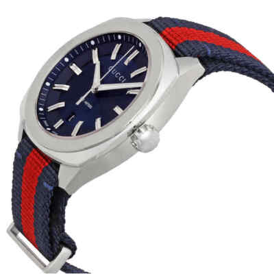 Pre-owned Gucci Gg2570 Blue Dial Blue And Red Nylon Men's Watch Ya142304