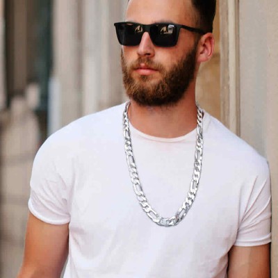 Pre-owned Amour 12.3mm Flat Figaro Chain Necklace In Sterling Silver, 24 In In Yellow