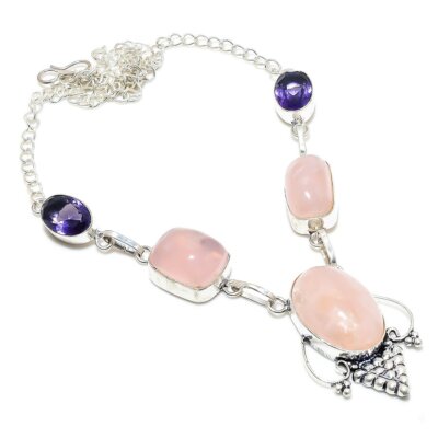 Rose Quartz, Amethyst Gemstone 925 Sterling Silver Jewelry Necklace 18" t897